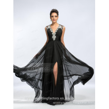 Alibaba Elegant Applique Long New Designer V Neck Black Chiffon Beach Evening Dresses Or Bridesmaid Dress LE16